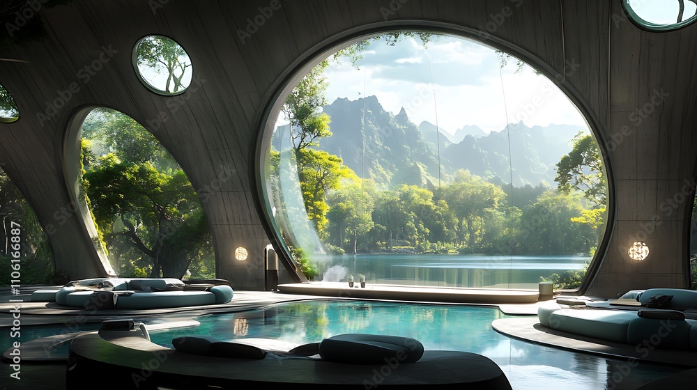 Poster modern architectural design featuring a tranquil pool and mountain view