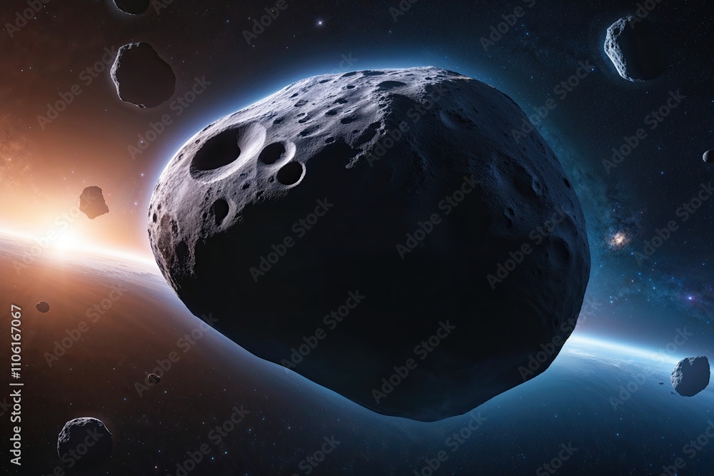 Poster massive asteroids floating through the expansive universe