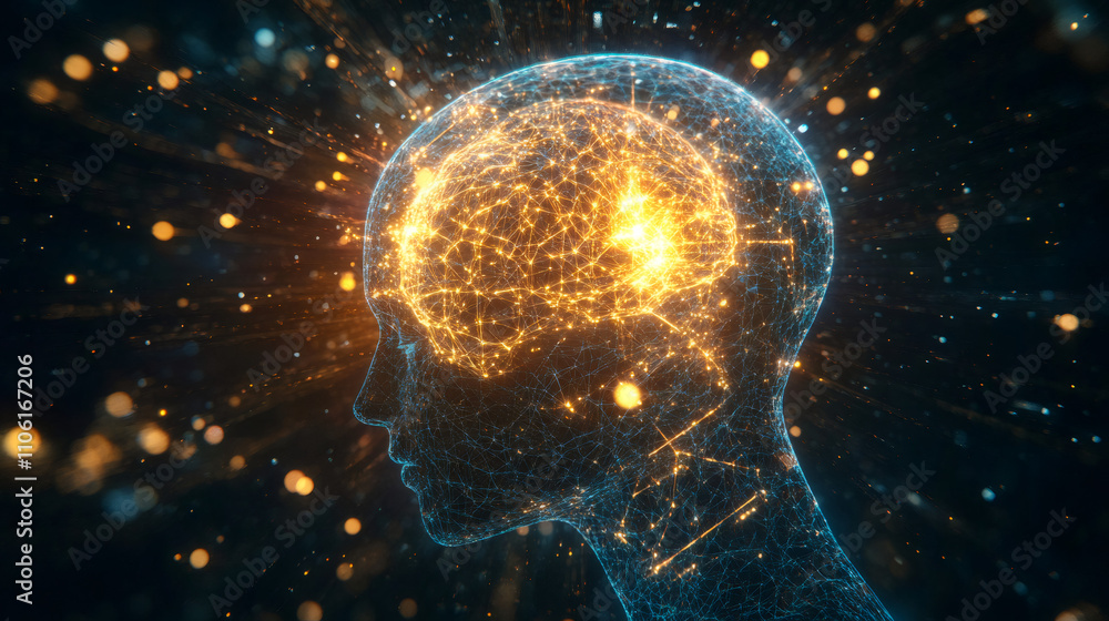 Aufkleber plexus effect showing human brain glowing and expanding, symbolizing the power of artificial intelli