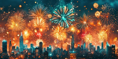 Vibrant fireworks over a futuristic city skyline, celebrating New Year's Eve golden and neon accents illuminating the night sky