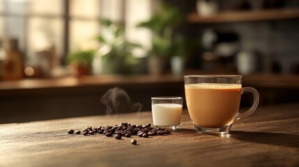 A warm cup of coffee with milk beside coffee beans on a wooden table.