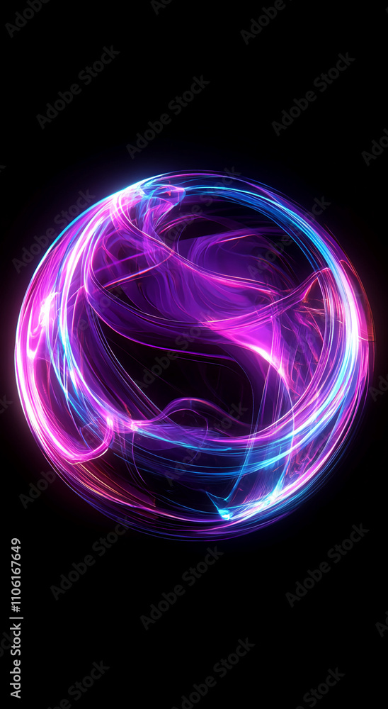 Poster swirling colorful patterns create a vibrant orb of light against a black background