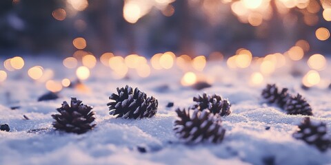 Winter scene with pinecones scattered on freshly fallen snow, with a backdrop of blurred festive lights, capturing the essence of the season