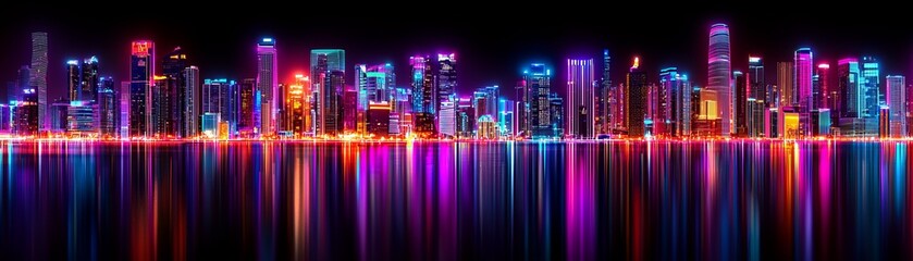 Vibrant night skyline cityscape urban photography neon lights panoramic view modern living