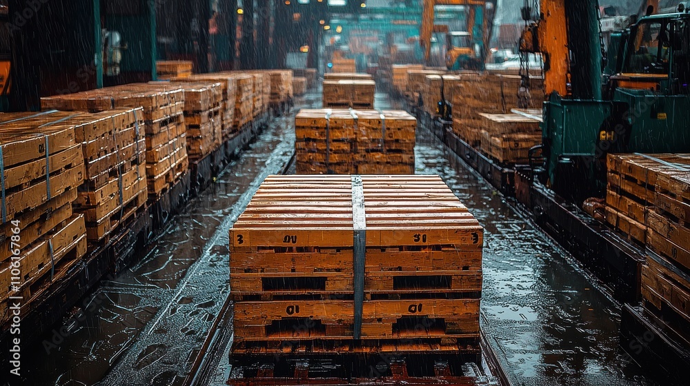 Poster cargo pallets lined up in a busy loading area during rain