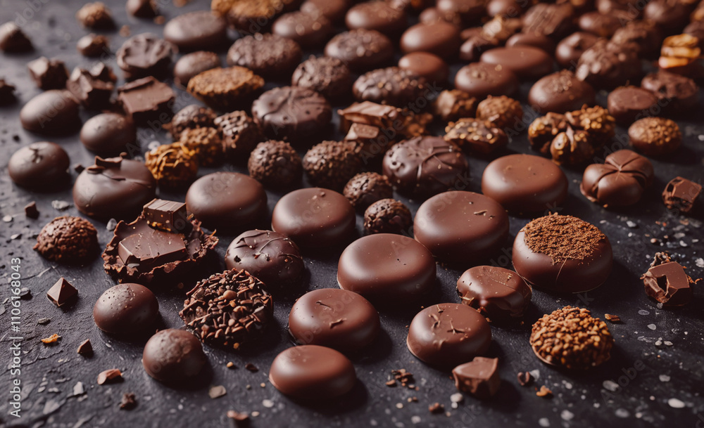 Aufkleber Bunch of chocolate candies are on a black surface. Some of them are broken. There are many different shapes and sizes of the candies