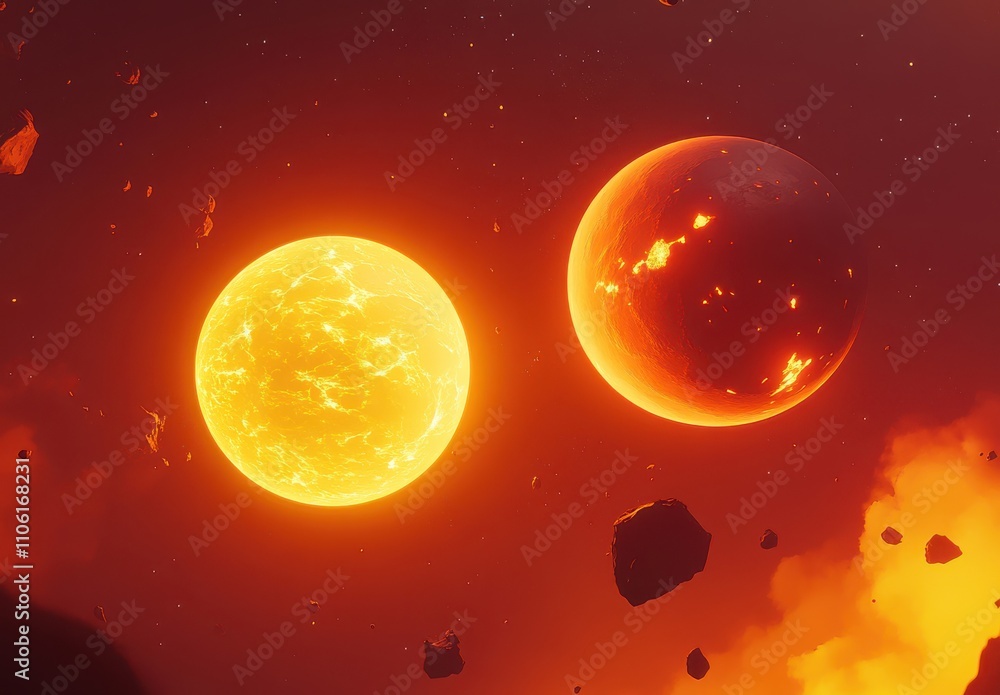 Poster stunning render of two bright stars against a fiery background surrounded by asteroid debris in a co