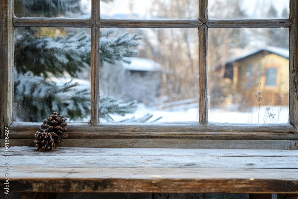 Canvas Prints Winter Window View Pine Cone Rustic Wooden Sill