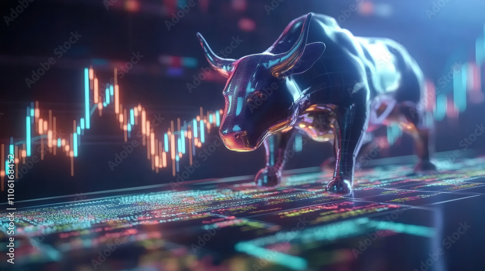 Aufkleber Digital screen displaying candlestick chart and financial data with metallic bull symbolizing a bullish market trend