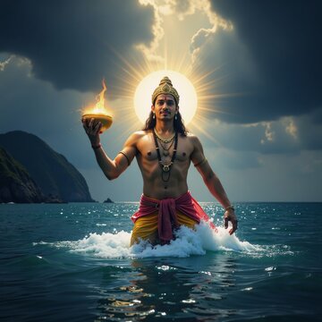 Lord Dhanvantari emerges from the sea with the divine Amrita Kalash