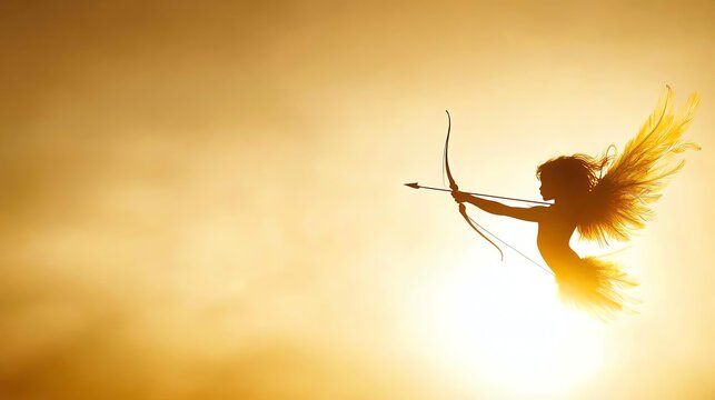 A mystical silhouette of a figure with wings, poised with a bow and arrow against a stunning sunset backdrop, evoking themes of love and mythology in a captivating scene.