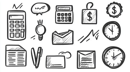 Hand-drawn sketch icons of business and office supplies, including calculators, clocks, envelopes, lightbulb, price tag, and documents.