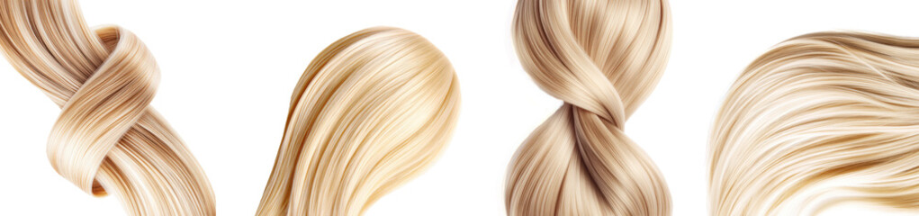 Lock of female blonde hair, hair sample set isolated Png, transparent without background.