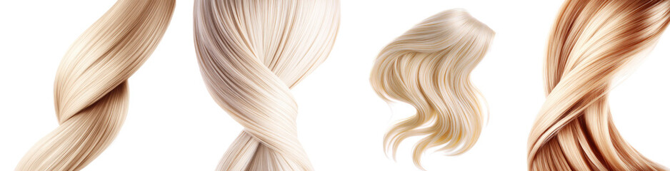Lock of female blonde hair, hair sample set isolated Png, transparent without background.