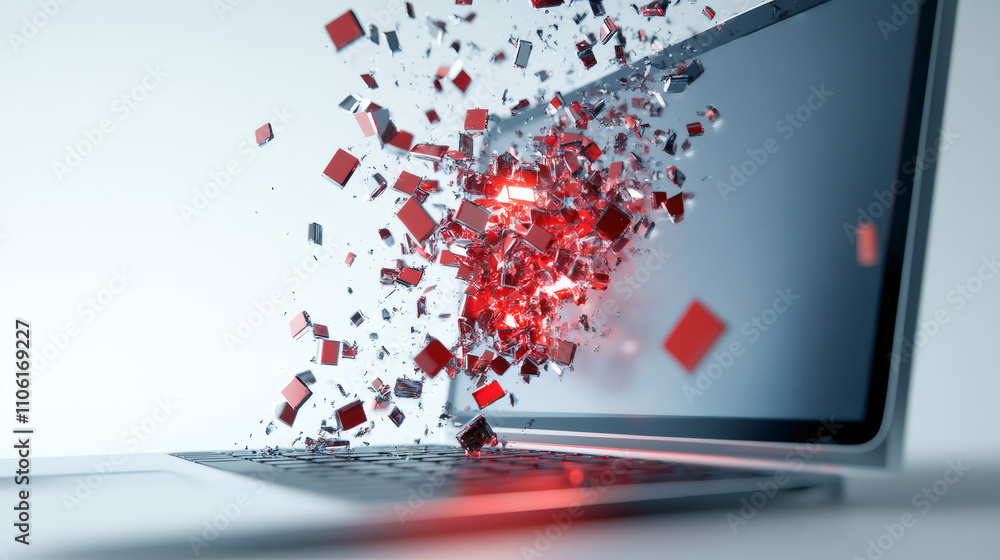 Poster digital disruption and technological innovation represented by red and silver cubes bursting from la