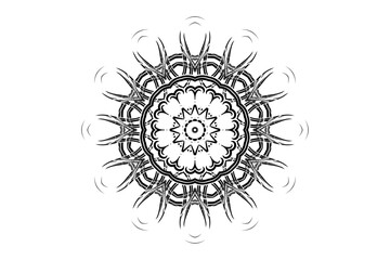 Black and White Mandala Illustration with Central Circle and Unique Creatures
