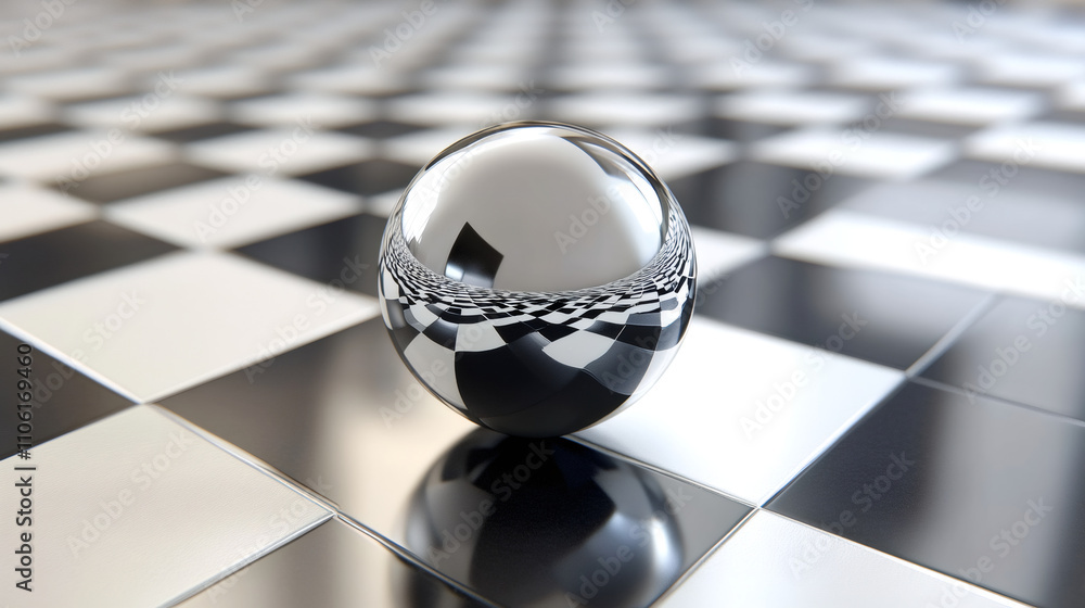 Aufkleber Reflective chrome ball on checkered surface creates surreal perspective with distorted patterns