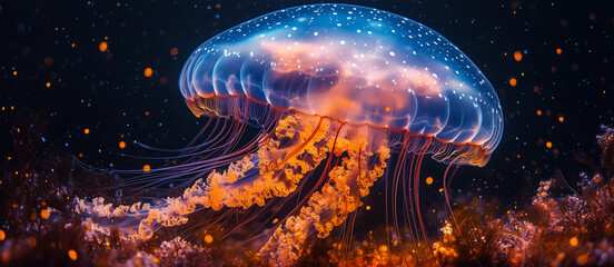 Naklejka premium Glowing Blue Jellyfish on Black Background.