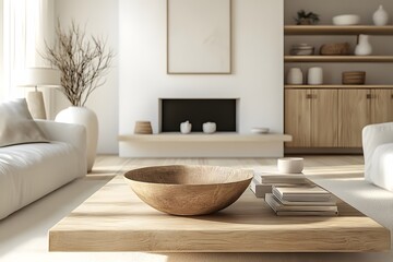  Scandinavian style home interior design of modern living room. Minimalist room with white furniture, fireplace, wooden accents and decorative branches in ceramic vase. 