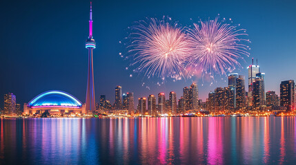 Obraz premium A vibrant display of fireworks illuminating the night sky over a modern cityscape with a prominent iconic tower reflecting on the water.