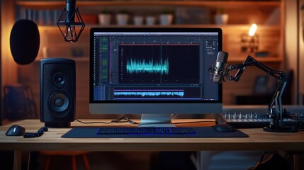 Home music studio setup with computer, microphone, speakers, and audio interface.