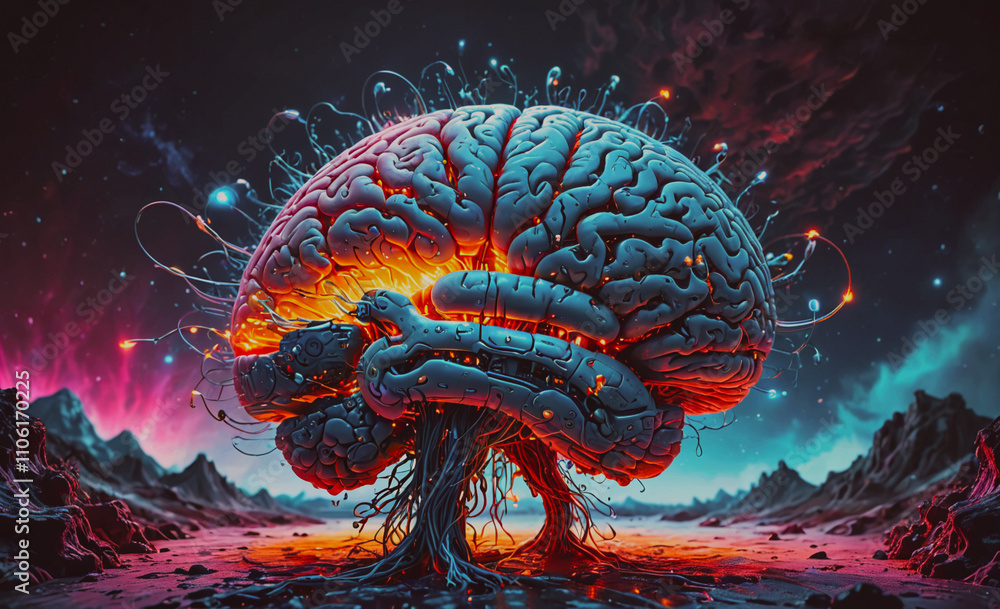 Aufkleber Brain with a tree growing out of it. The tree is surrounded by a colorful background. The brain is surrounded by a purple and blue background
