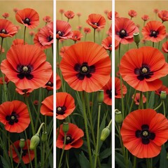 Obraz premium Oil painting trilogy showcasing a vibrant floral scene with blooming poppies during spring and summer