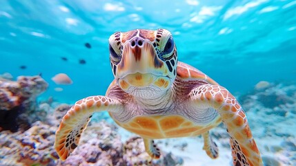 Obraz premium A sea turtle glides through the azure ocean, amidst an underwater world teeming with marine life, highlighting the importance of preserving marine species and their natural habitats.