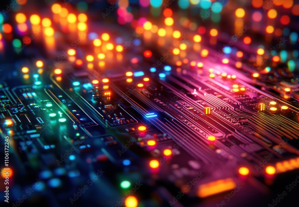 Poster vibrant abstract circuit board with colorful lights representing technology and innovation in electr