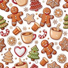 wallpaper with gingerbread Christmas men, a sweet stick and a cup of drink on a white background
