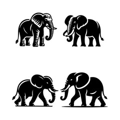 black and white elephants silhouette icon white background. 