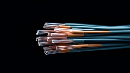Fototapeta premium Close-up view of insulated electrical wires with exposed copper strands on a black background, showcasing different colored insulation.