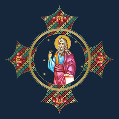 Obraz premium Jeremiah weeping prophet. Religious decorative cross. Illustration in Byzantine style on deep blue background