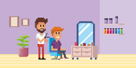 Barbershop. Interior of beauty salon haircut service vector pixel background with barbers