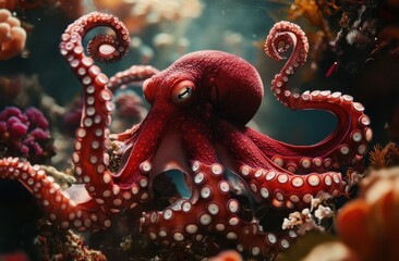 Obraz premium Vibrant Octopus Residing Amidst Colorful Coral Reef in Crystal Clear Ocean Waters, Showcasing Its Unique Tentacles and Intricate Patterns Under Sunlight