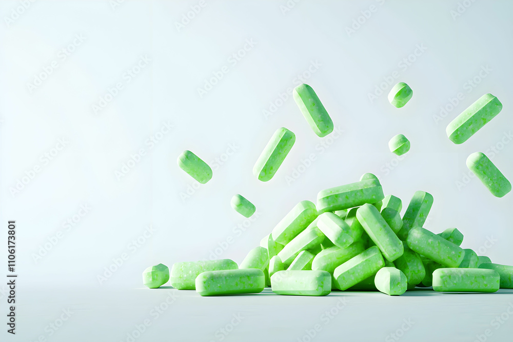Poster vibrant green candy candies falling and piling up on soft surface with soft light background showcas