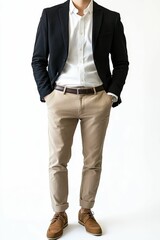 Man in suit, khaki pants, brown shoes.
