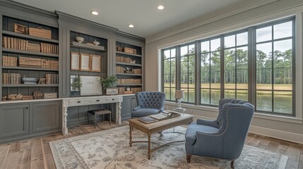 Serene home office with elegant decor and large windows