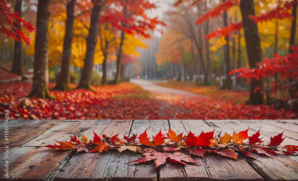 Poster wooden table has a row of red leaves on it. the leaves are arranged in a neat line, creating a beaut