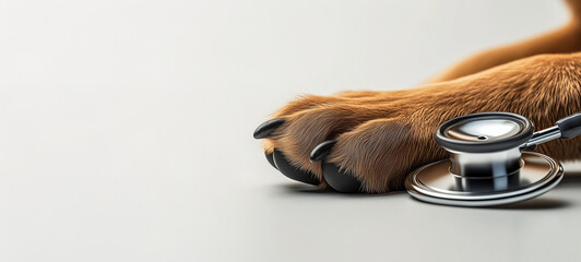 Obraz premium Close-up of a dog's paw with a stethoscope on a white background with copy space for a concept related to pet health care