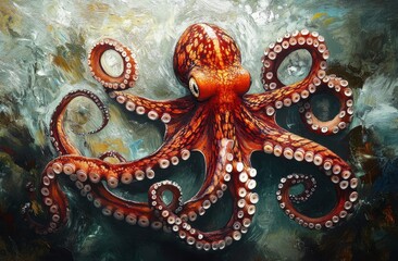 Obraz premium Vibrant Red Octopus with Prominent Suckers Displayed Against a Textured Underwater Background, Capturing the Beauty of Marine Life and Ocean Ecosystems