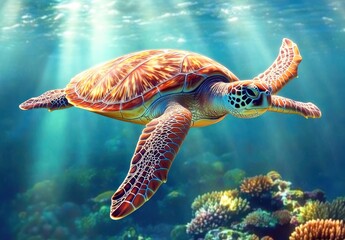Obraz premium Vibrant Sea Turtle Swimming Gracefully Through Clear Blue Waters Surrounded by Colorful Coral Reefs and Streams of Sunlight Shining from Above