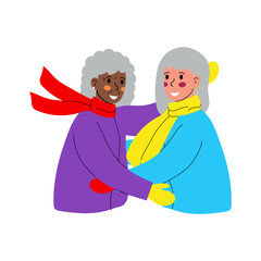 An elderly couple of friends hugging. Happy dark-skinned woman hugging light-skinned woman. Vector illustration.