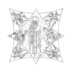 Obraz premium Saint Simeon Popovic (name english). Cross dome with 4 apostles, angels and seraphim. Coloring page in Byzantine style