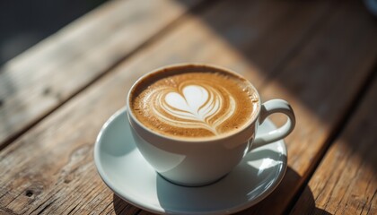 Fototapeta premium A beautifully crafted cup of coffee sits on a rustic wooden table, adorned with delicate heart-shaped latte art that swirls gracefully atop the creamy surface. The warm sunlight casts a gentle glow