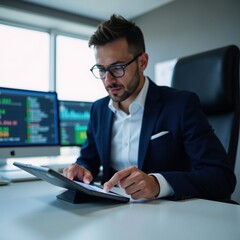 a businessman securing sensitive digital files using a high-tech key