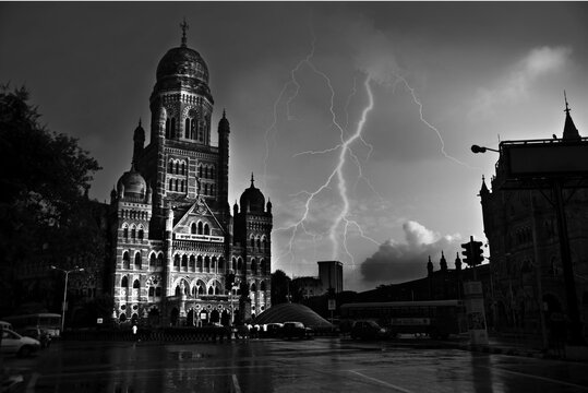    Black and White view of a mumbai municipal corporation during the rainy season in mumbai maharashtra  India Asia, South Asia..