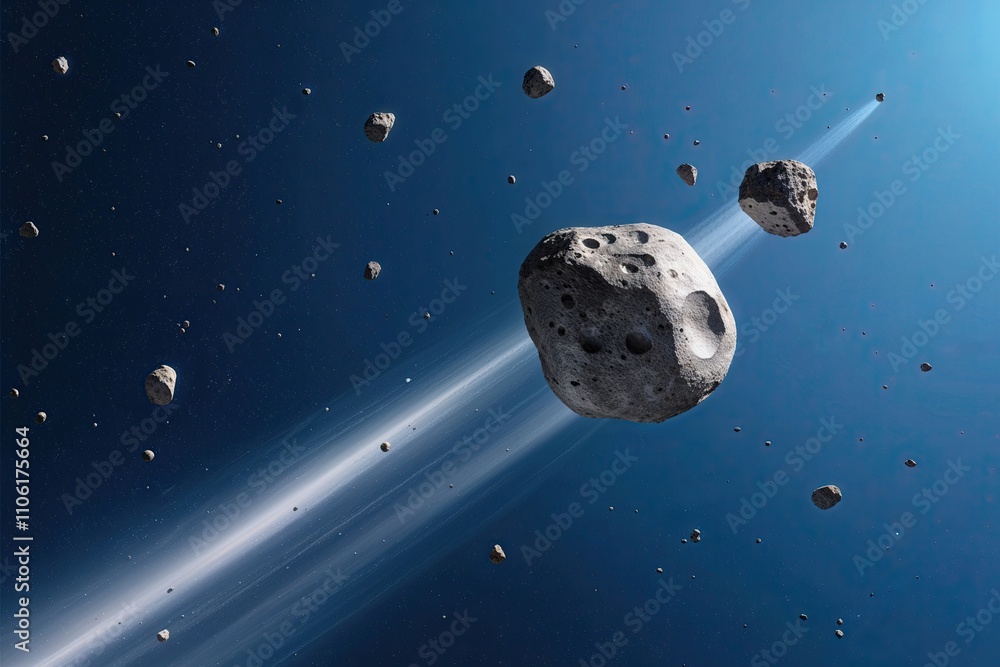 Poster asteroid fragment collection floating in outer space with blue sky background