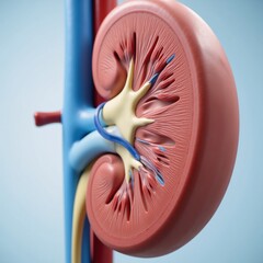 Medical illustration depicts detailed human kidney anatomy against a clinical backdrop