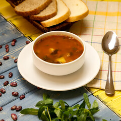 Business lunch for a business meeting. A dinner table consisting of meat, soup and vegetables